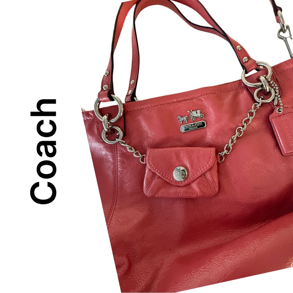 Coach Peach/Coral leather handbag with small
Pouch and chain accents
